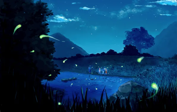 Stars, clouds, trees, mountains, night, nature, lake, anime