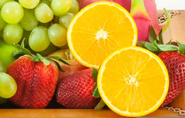 Picture lemon, Apple, strawberry, grapes, fruit