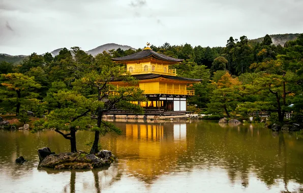 Trees, mountains, house, Japan, pagoda, river, Kyoto, forest