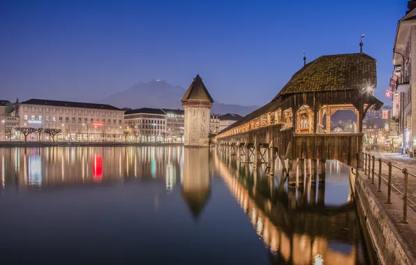 Night, lights, river, home, Switzerland, Lucerne, the the Chapel bridge, tower Wasserturm
