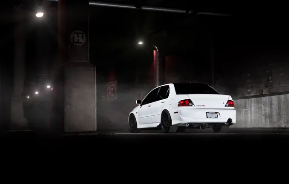 White, wall, support, white, mitsubishi, rear view, Mitsubishi, Lancer evolution