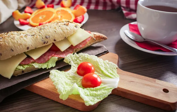 Coffee, cheese, Board, sandwich, tomatoes, sausage, salad
