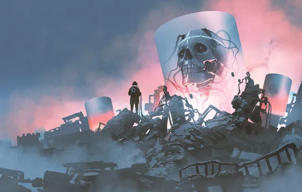 Science fiction, Head, Digital Art, laboratory, Skeleton, Ruins, Cyberpunk, artwok