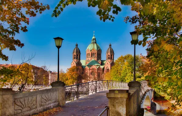 Autumn, bridge, nature, the city, Germany, Munich, lights, Church