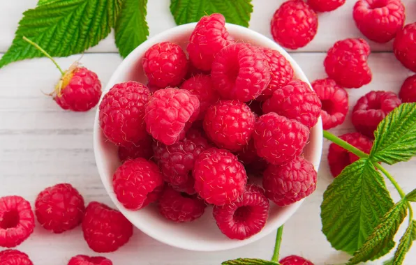 Picture bowl, leaves, berries, raspberry, light background