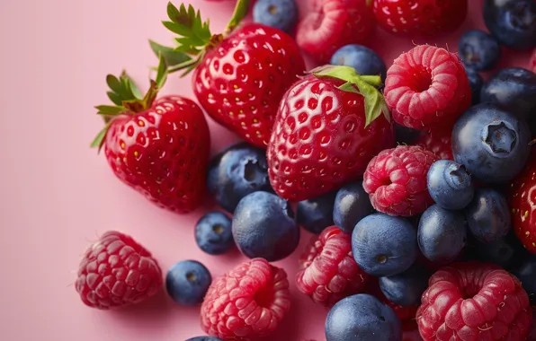 Macro, berries, raspberry, blueberries, strawberry, placer, pink background, different