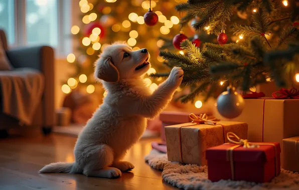 Balls, lights, pose, dog, Christmas, puppy, New year, garland