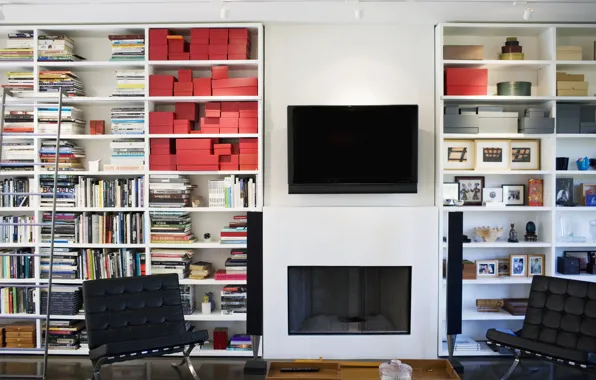 Picture design, books, interior, chair, TV, speakers