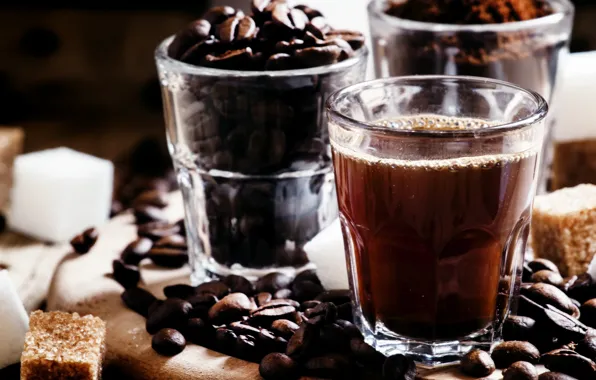 Glass, coffee, sugar, drink, coffee beans