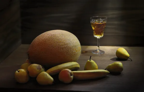 Table, glass, alcohol, bananas, fruit, still life, pear, glass