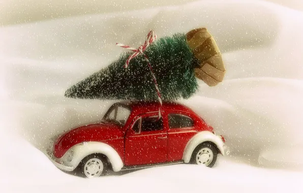 Snow, Christmas, New year, machine, herringbone, model, Volkswagen Beetle