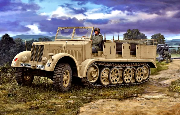 Driver, tractor, German, Sd.Car.7, half-track, The Third Reich, Special motor vehicle 7, anti-aircraft gun