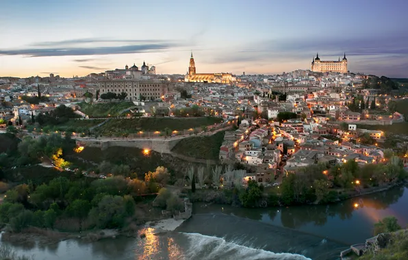 The sky, landscape, lights, river, castle, home, the evening, Spain