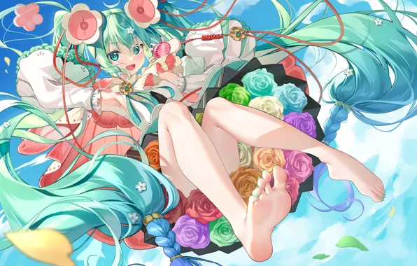 The sky, girl, flowers, Hatsune Miku, Vocaloid, meion