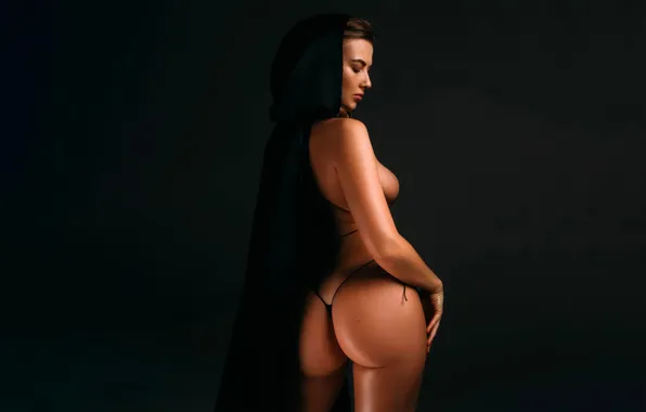 Butt, tan, dark background, Inga Lis, hooded cape, Alexei Trifonov