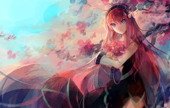 Girl, flowers, smile, tree, bouquet, art, Anime, Anime