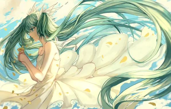 Girl, flowers, the wind, petals, dress, art, profile, vocaloid
