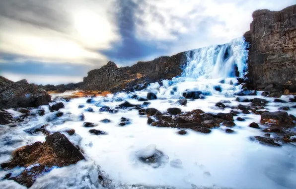 Ice, winter, the sky, clouds, river, stones, waterfall