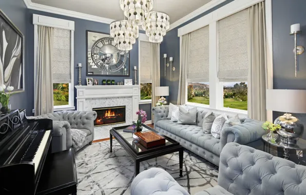 Sofa, window, fireplace, piano, mansion, luxury, Design, living room