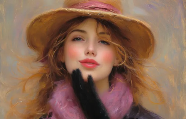 Girl, smile, style, hand, portrait, hat, scarf, brown hair