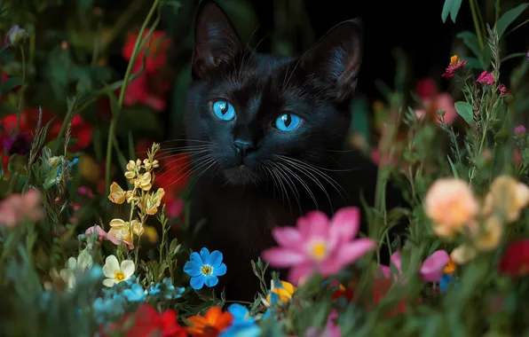 Cat, summer, cat, look, flowers, pose, the dark background, kitty