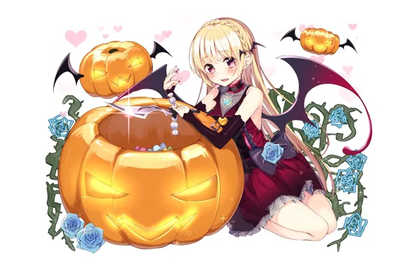 Girl, anime, art, pumpkin, Halloween, halloween