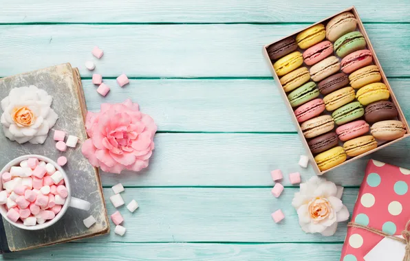 Flowers, gift, colorful, wood, pink, flowers, macarons, gift box