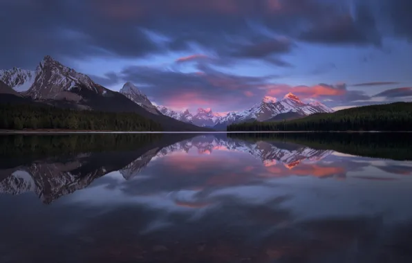 Picture reflection, mountains, lake, Canada, Jasper, sunset.forest
