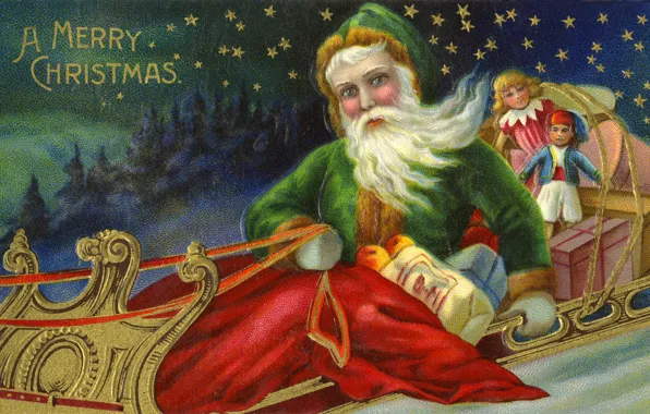Toys, stars, gifts, sleigh, Santa Claus, Santa Claus, postcard