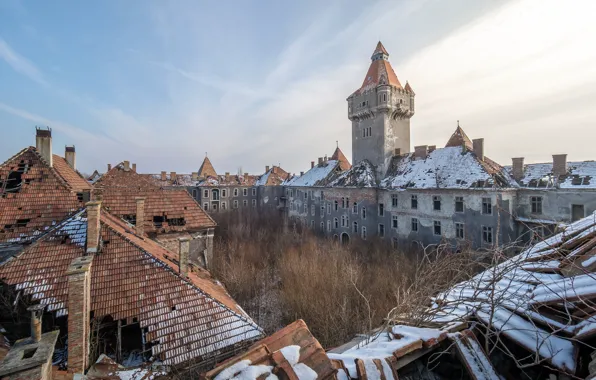 Winter, the sky, snow, trees, castle, the ruins, abandoned, Abandoned castle