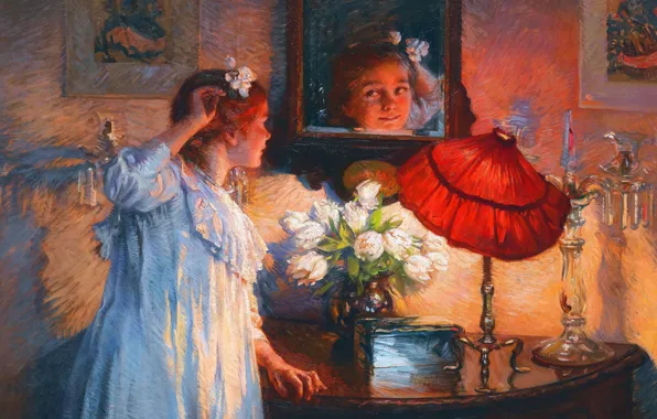 Picture Flowers, Girl, Lamp, Mirror, Picture, Albert Chevalier Tayler, Albert Chevallier Tayler, British painter