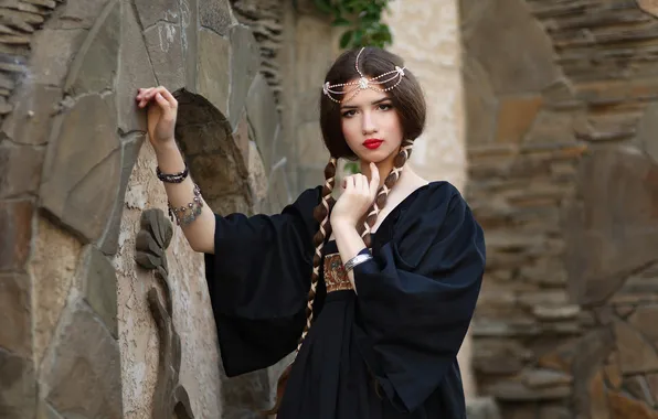 Look, girl, pose, style, castle, wall, hands, makeup