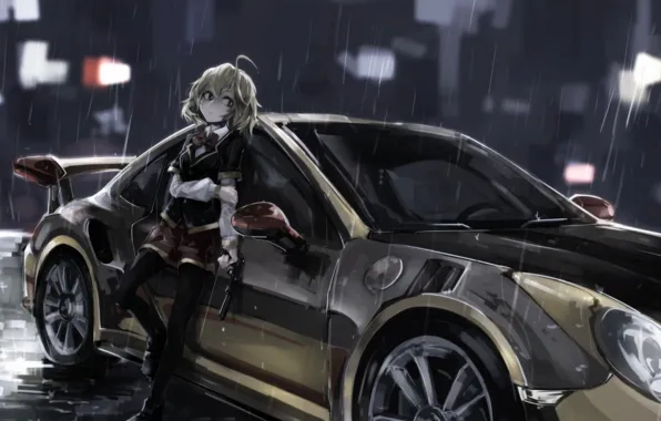 Porsche, Girl, City, Car, Art, Anime, Night, Rain