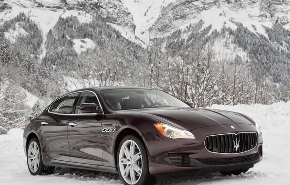 Machine, snow, mountains, Maserati, Quattroporte