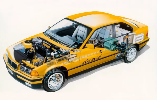 Background, engine, coupe, salon, Coupe, yellow, BMW M3, 1995