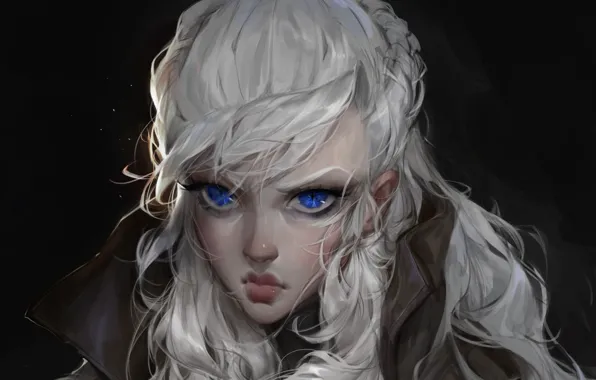 Picture face, blue eyes, portrait of a girl, long white hair, Daria Kozhemyakina