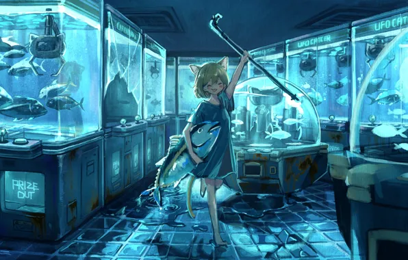 Cat, girl, tuna, vending machines with fish