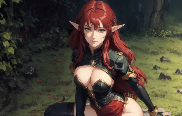 Girl, fantasy, red hair, nature, anime, art, painting, elf