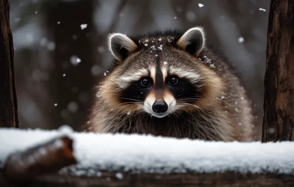 Winter, snow, portrait, raccoon, log, face, snowfall, digital art