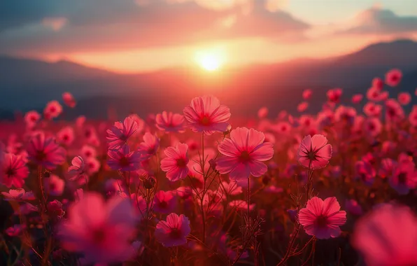 Field, summer, the sky, the sun, flowers, mountains, dawn, the slopes