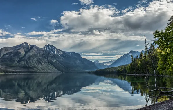 Clouds, trees, mountains, lake, reflection, Montana, Glacier National Park, Rocky mountains