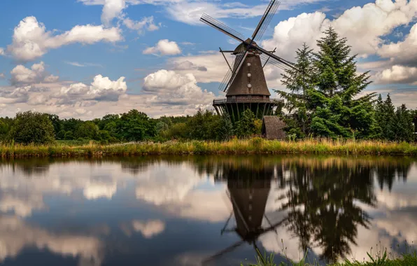 Picture clouds, trees, reflection, shore, ate, mill, pond, wind