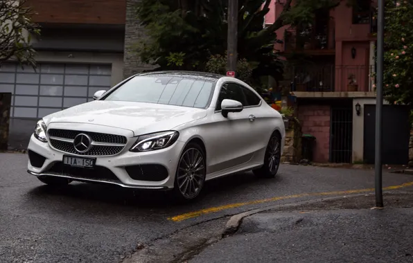 Picture machine, lights, Mercedes-Benz, the hood, front view, Coupe, C 300, AMG line