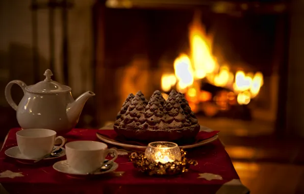 Picture heat, mood, holiday, tea, candle, pie, fireplace