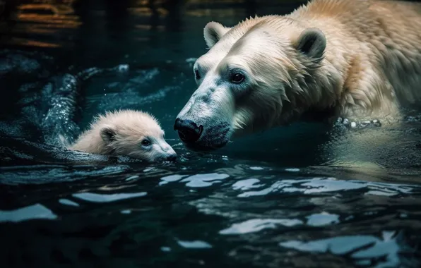 Water, the dark background, graphics, baby, bathing, art, bear, bear