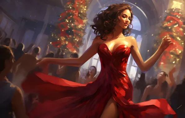 Picture Girl, Smile, Christmas, Dress, New year, Tree, Digital art, AI art