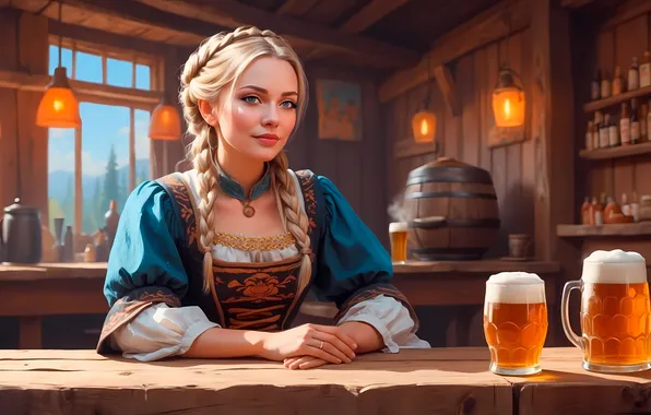 Girl, Germany, Blonde, Table, Beer, Mugs, Oktoberfest, Digital art