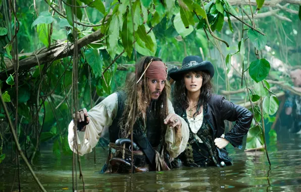 Picture water, girl, jungle, Johnny Depp, Jack Sparrow, pistols, Pirates of the Caribbean 4