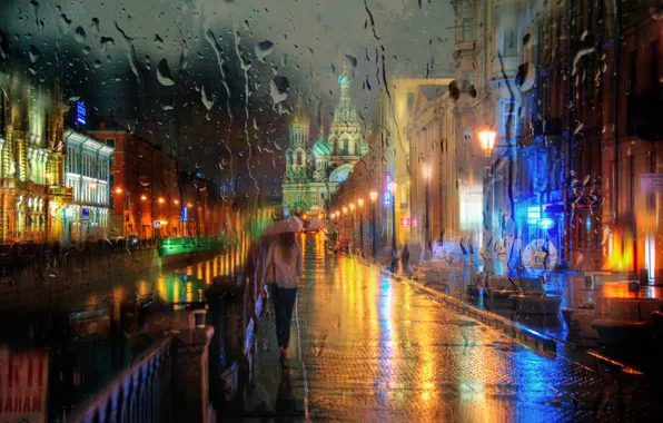 Picture girl, drops, rain, umbrella, Saint Petersburg