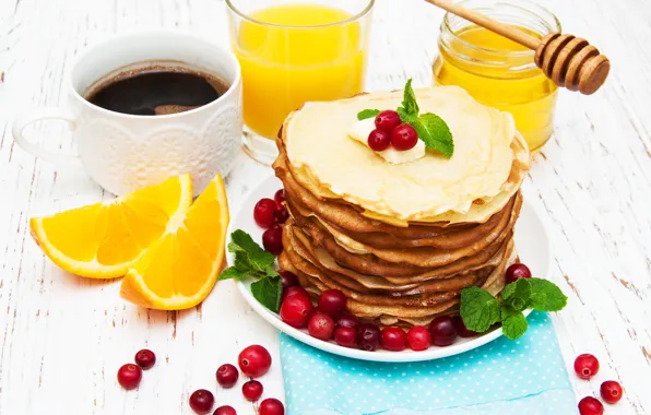 Berries, coffee, juice, honey, pancakes, cranberry, Olena Rudo